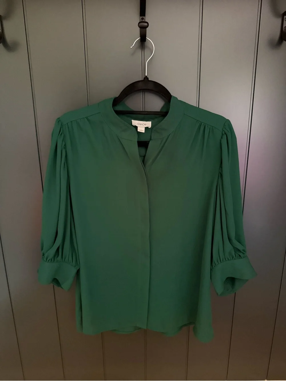 🌲 CeCe Women's 3/4 Sleeve Button Down Dark Forest Green Collar Blouse - Size L - Picture 4 of 12